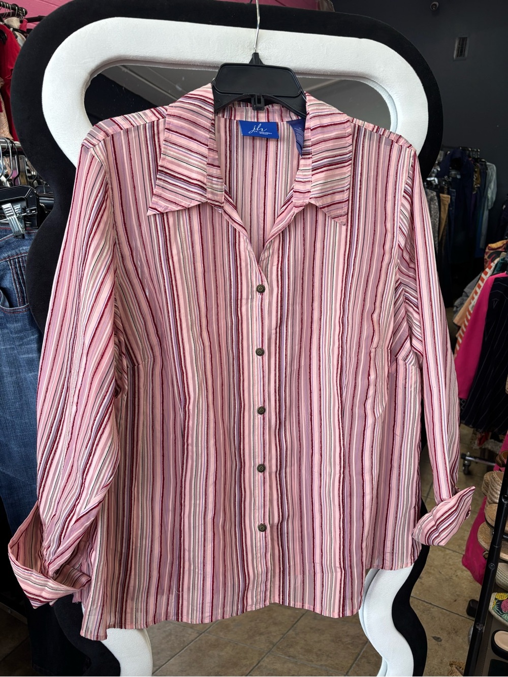 Relaxed Pink Striped Button-Up Blouse by j.h. collectibles woman